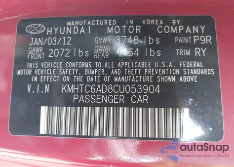 2012 Hyundai Veloster Base W/Red/Black из США, поврежденный, VIN KMHTC6AD8CU053904